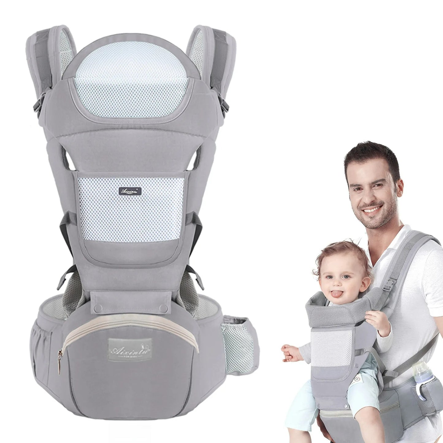 porte bebe physiologique gris papa sourire bebe tire la langue