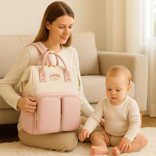 Sac a langer rose blanc bebe assis